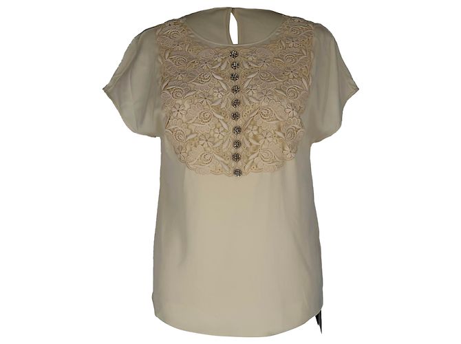 Dolce & Gabbana kurzärmelige Bluse aus weißer Seide mit Spitzendetails