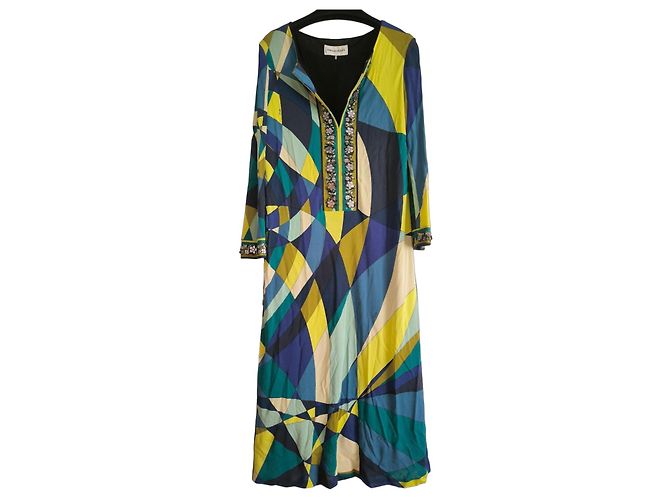 Emilio Pucci Maxikleid mit geometrischem Print Blau Beige Grün Gelb Dunkelblau