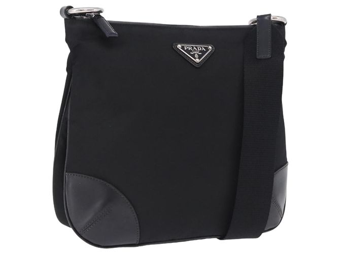 PRADA Schultertasche Nylon Black Silver Auth 198359V Schwarz Silber