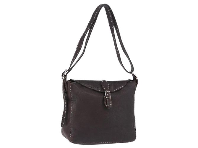 Borsa a tracolla FENDI Celeria in pelle marrone argento Auth 198325