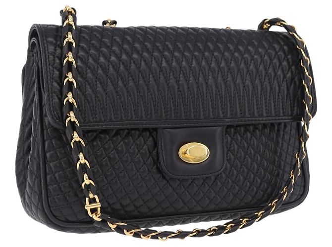 Borsa a tracolla con catena BALLY in pelle nera e oro Auth kk707A Nero D'oro