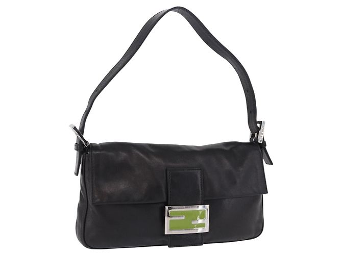 Borsa a spalla FENDI Mamma Baguette in pelle nera e argento Auth 198301SAM Nero