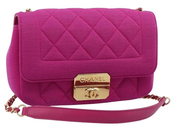 Bolsa de Ombro CHANEL Matelasse com Corrente em jersey de algodão Pink Gold CC Auth 198735M Rosa Dourado