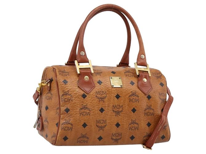 Bolsa Boston MCM Logogram Vicetos PVC Leather 2way Brown Gold Auth 198253