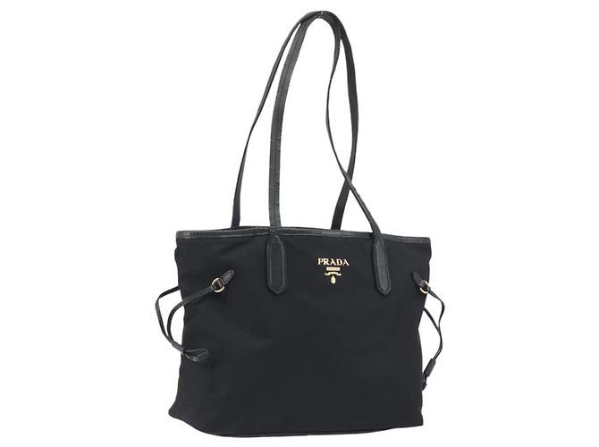 Borsa Tote PRADA Nylon Nero Tono Oro Auth 198624