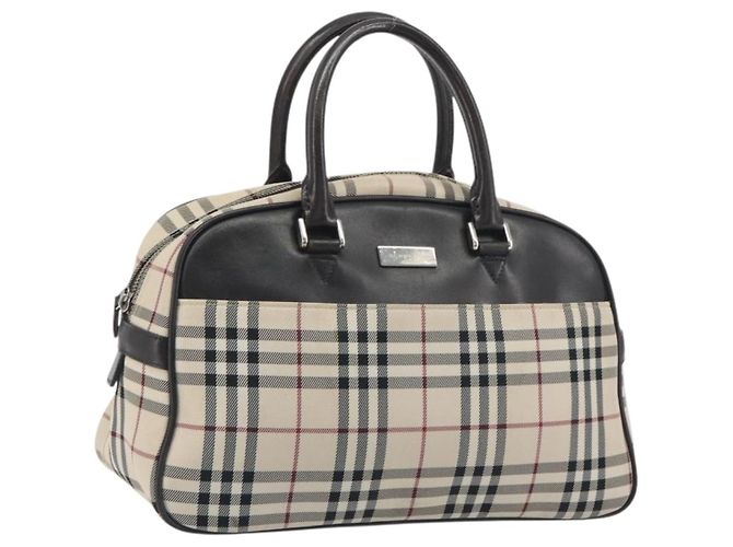 BURBERRY Nova Check Handtasche aus Canvas Beige Silber Auth 198703A