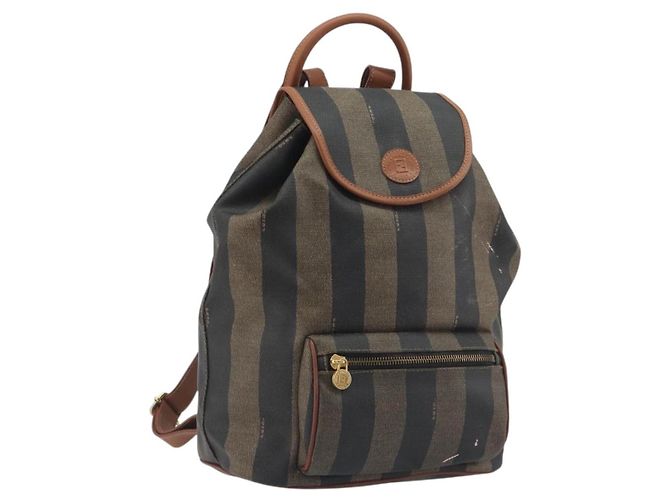 Pequin FENDI Pecan Backpack PVC Leather Brown Gold Tone Auth 196153