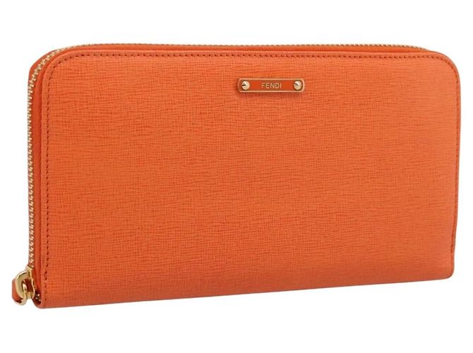 FENDI Long Wallet Leather Orange Silver Auth BA15216V Silvery