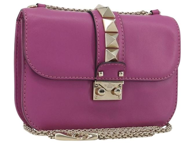 Bolsa de Ombro VALENTINO Studs Chain em Couro Rosa Tom Dourado Auth BA14809A
