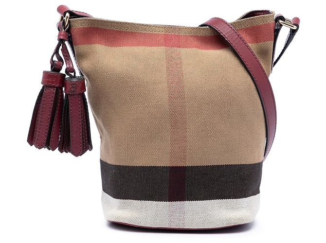 Borsa secchiello Burberry Mini Mega Check Canvas Ashby con nappe marrone