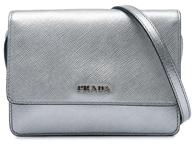 Bolsa Tiracolo Prada Saffiano Silver Wallet on Strap Prata