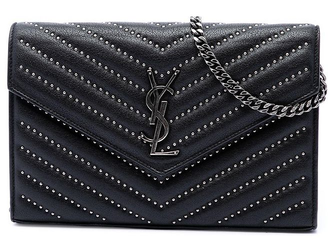 Borsa a tracolla portafoglio a busta monogram con borchie chevron in pelle di pecora nera Saint Laurent Nero