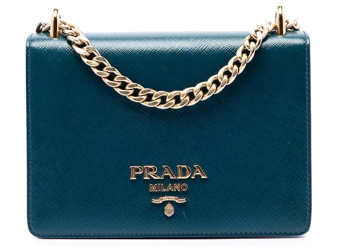 Borsa a tracolla Mini Saffiano con patta e catena Prada Blu