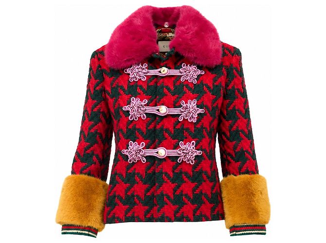 Chaqueta Gucci de Tweed Rojo y Verde con Piel Roja Multicolor