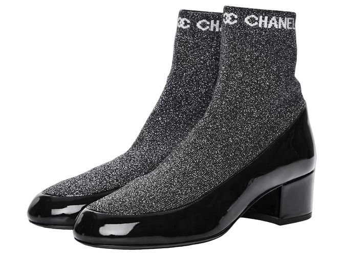 Chanel Glitter Mesh and Patent Leather Sock Boots Black