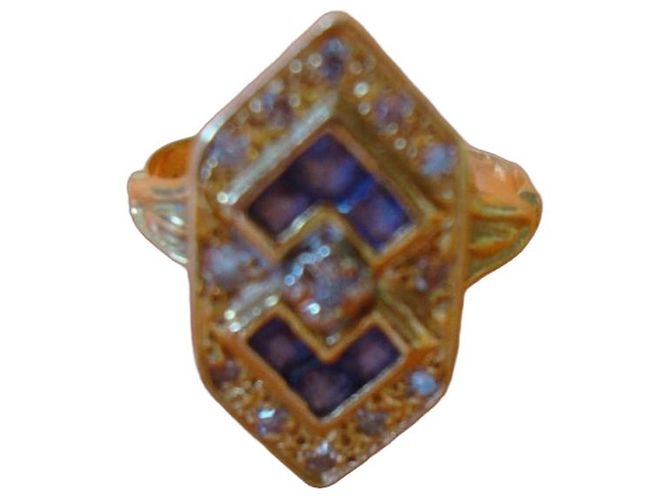 Autre Marque Art Déco Ring aus Gelbgold mit Saphiren und Diamanten Blau Golden