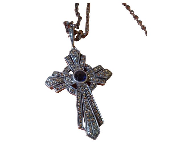 Autre Marque Pendente Croce Art Déco in Argento e Marcasite
