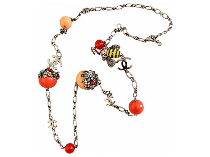 Chanel Colar Cinto Abelha e Rã Rosa Vermelho Multicor Verde Amarelo Gold hardware