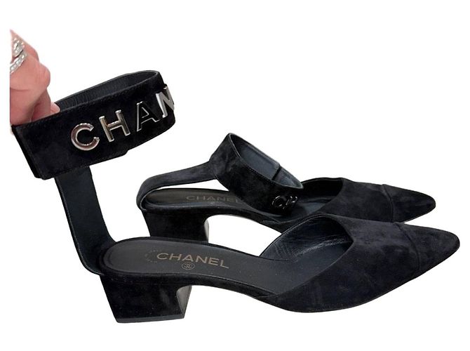 Chanel Black Suede CC Ankle-Strap Pumps Size 41C Pre-owned