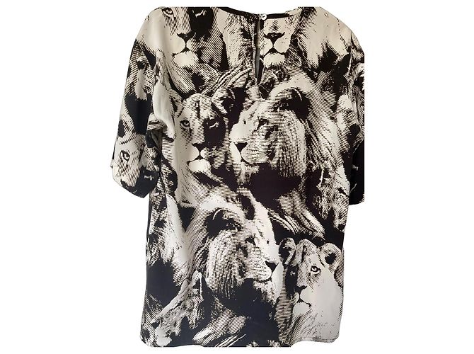 Roberto Cavalli Seidenbluse mit Löwen-Print Schwarz Weiß Dunkelbraun