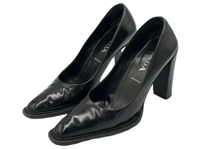 Prada Black Leather Pointed Toe Block Heel Pumps