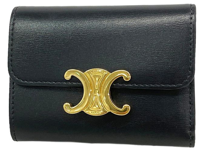 Céline Celine Triomphe Leather Tri-fold Wallet Black