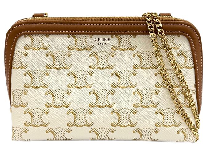 Céline Celine White Triomphe Coated Canvas Clutch On Chain