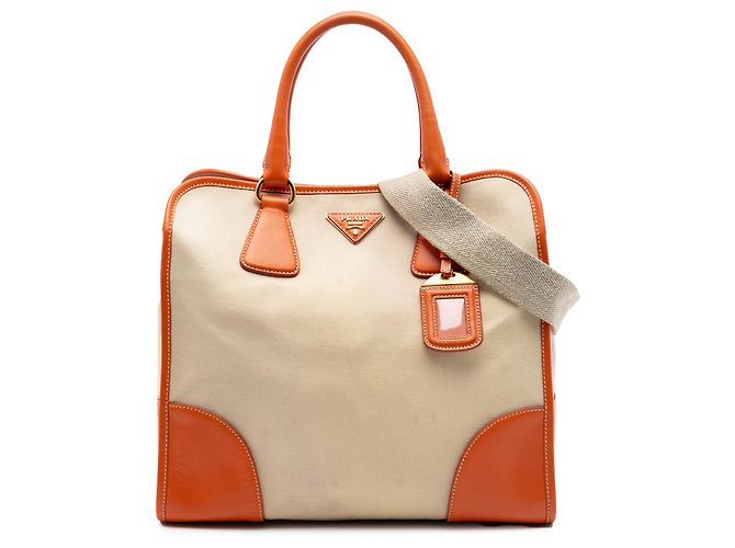 Bolsa Prada em lona Canapa bege com acabamento em Saffiano