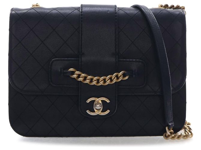 Chanel Black Large Quilted Sheepskin Front Chain Flap Noir