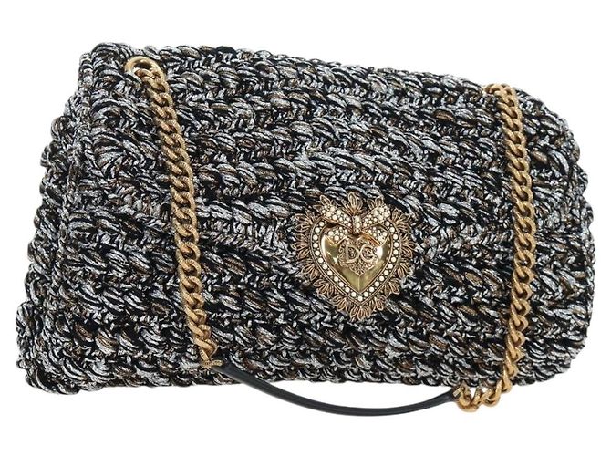 Dolce & Gabbana Borsa a tracolla DOLCE&GABBANA Devotion con catena in tweed nero e oro Auth BA14821SAM