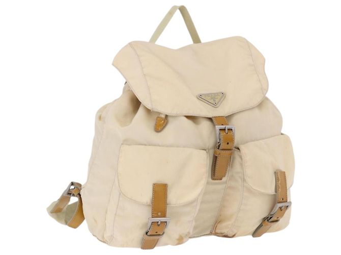 PRADA Backpack Nylon Beige Silver Auth 195170 Silvery