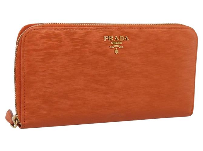 Carteira Longa PRADA em Couro Orange Gold Auth 198764A Dourado Laranja