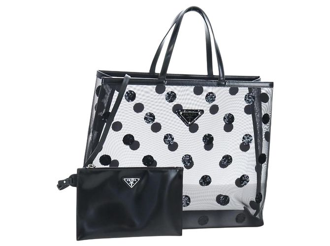 PRADA Polka Dots Tote Bag Mesh Black Auth BA14815M