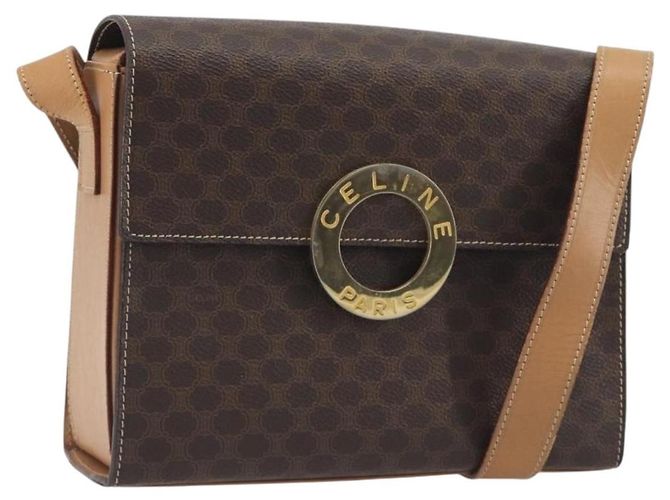 Céline Bolsa de Ombro Circular CELINE Macadam Canvas PVC Couro Marrom Dourado Auth 197510A