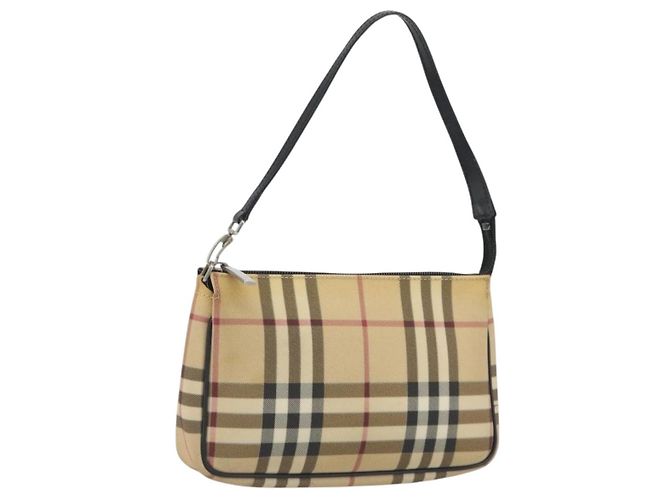BURBERRY Nova Check Accessory Pouch PVC Leather Beige Silver Auth 198675A Silvery