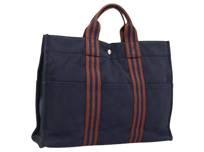 Hermès Borsa HERMES Fourre Tout MM in cotone blu navy argento Auth BA15062