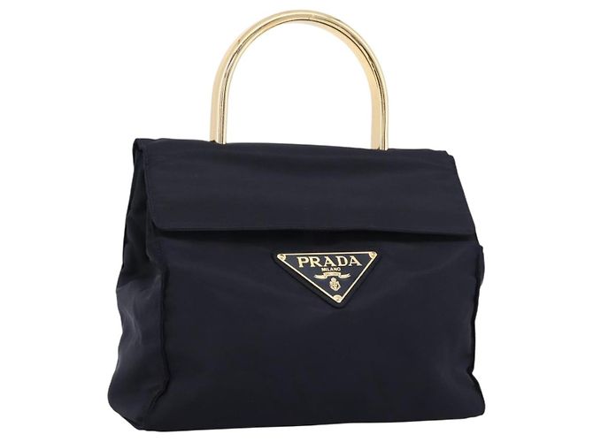 Sac à main PRADA Pocono Nylon Navy Gold Auth mr2836 Doré Bleu Marine