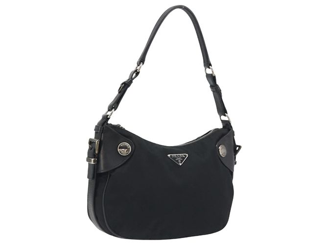 Bolsa de Ombro PRADA Nylon Couro Preto Prata Auth am12415V