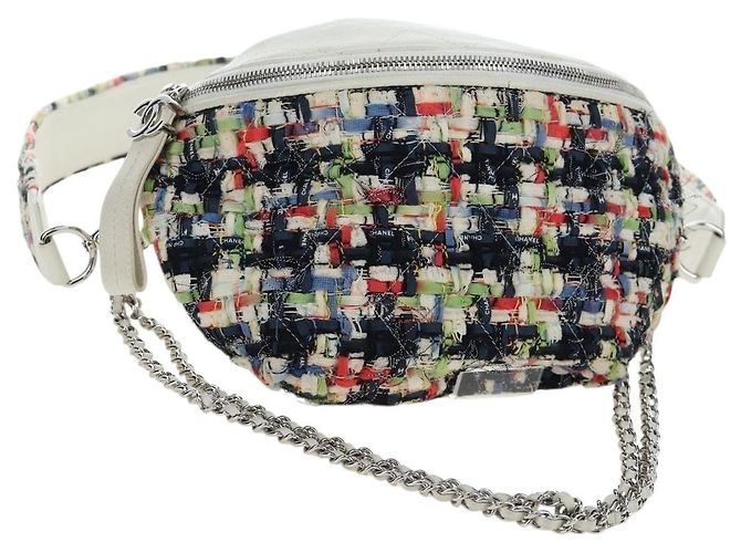 Borsa a tracolla CHANEL Chain Matelasse tweed White Silver CC Auth 195515M Argento Bianco
