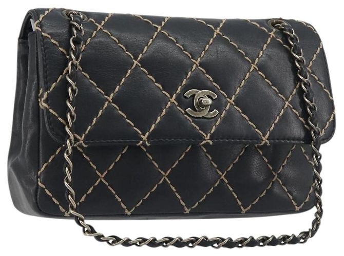 Borsa a tracolla con catena CHANEL Wild Stitch in pelle nera e oro CC Auth 198302V Nero D'oro
