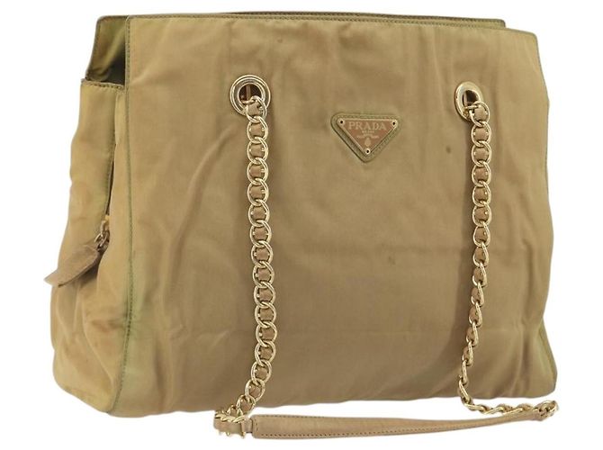 PRADA Chain Tote Bag Nylon Beige Gold Auth 194329 Golden