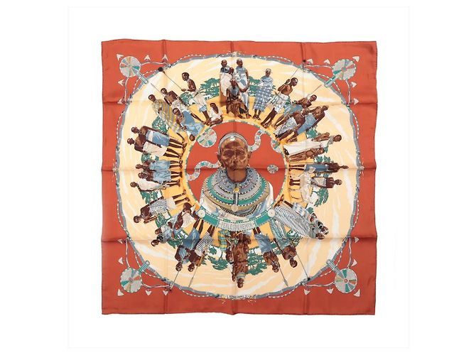 Hermès Carré 90 "PERLES DU KENYA" Lenço de seda em Castanho