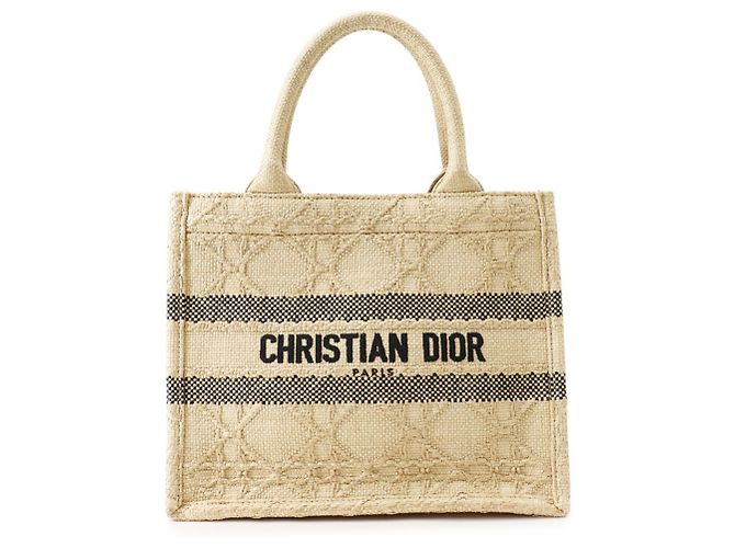 Christian Dior Cannage Book Tote Small Raffia Bag Beige
