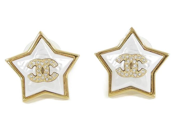 Pendientes de botón Chanel ABC401 Blanco Dorado