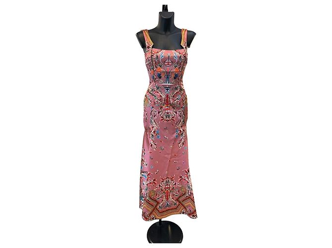 Abito lungo in seta rosa Roberto Cavalli con stampa floreale