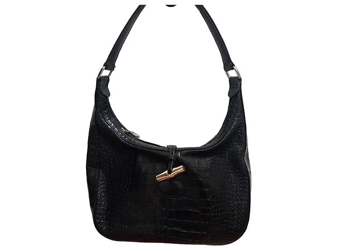 Longchamp Crocodile-Effect Leather Shoulder Bag - Black