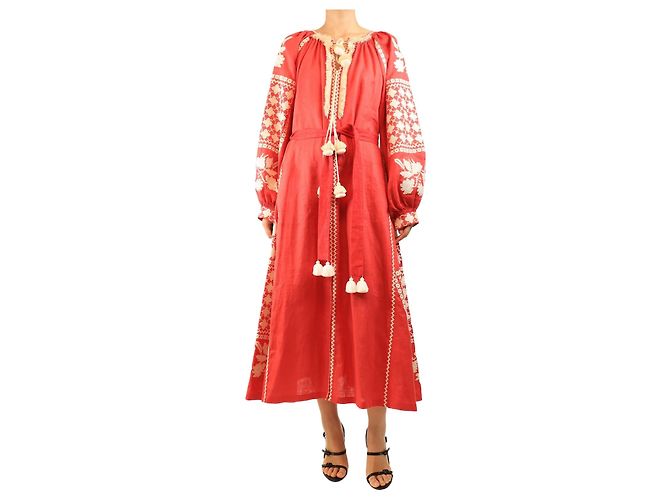Autre Marque Rotes besticktes Baumwollkleid - size M