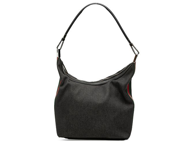 Bolsa de Ombro Gucci em Denim Cinza com Web Marrom Cinza antracite