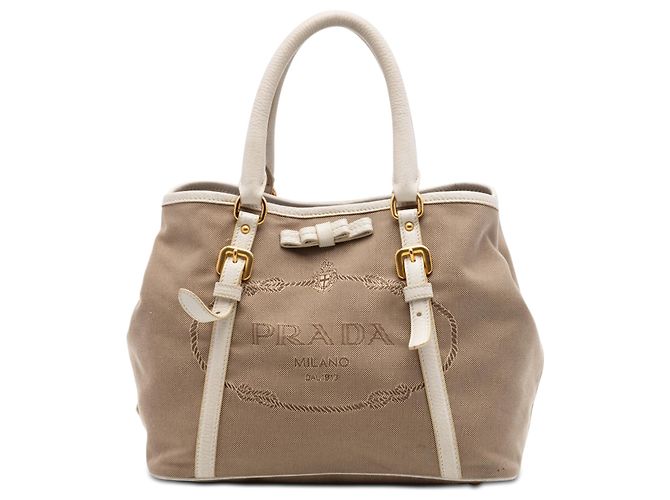 Prada Beige Canvas Canapa Logo Bow Satchel