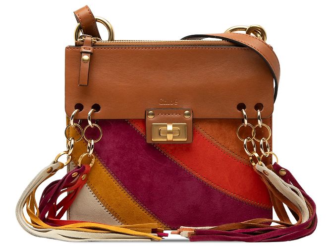Borsa a tracolla Jane Chloé in patchwork di vitello e camoscio marrone, piccola con frange